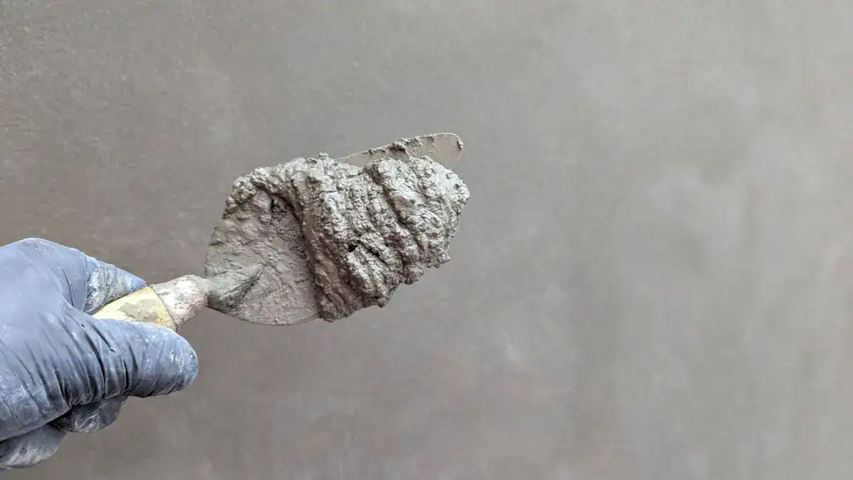 A gloved hand holding a trowel loaded with repair mortar against a concrete surface, the hand-applied stage of a partial-depth patch.