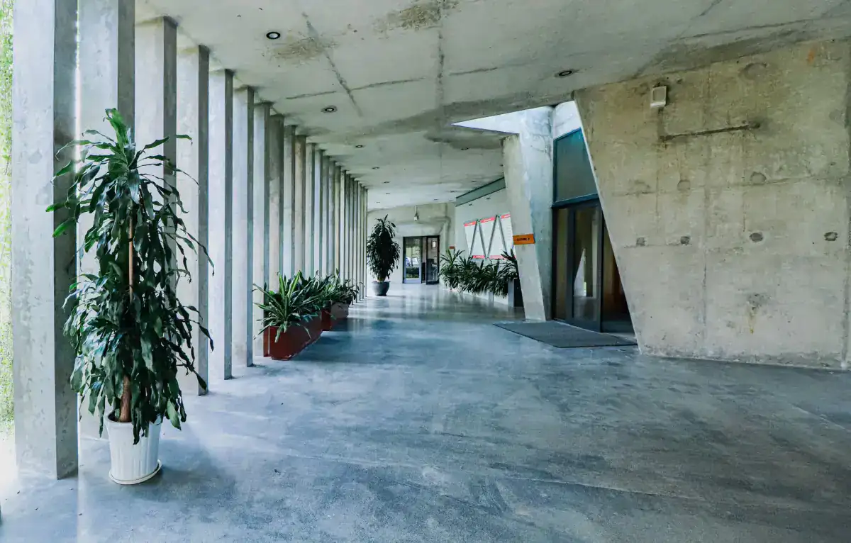 A long colonnade with a smooth grey concrete floor running its full length, bordered by planting and cast concrete structure.